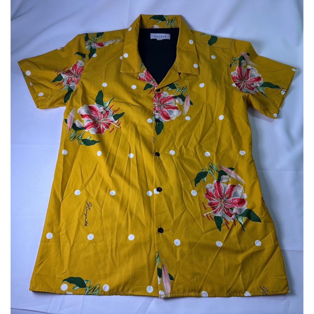 Pacsun Mens Medium Button Up Camp Shirt Yellow Floral Polka Dot Short Sleeve